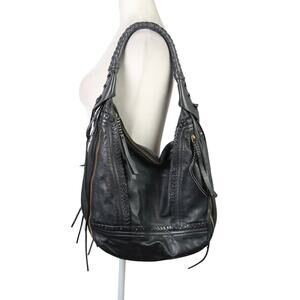 Oryany Black Leather Slouchy Hobo Shoulder Bag Purse Fringe Tassels